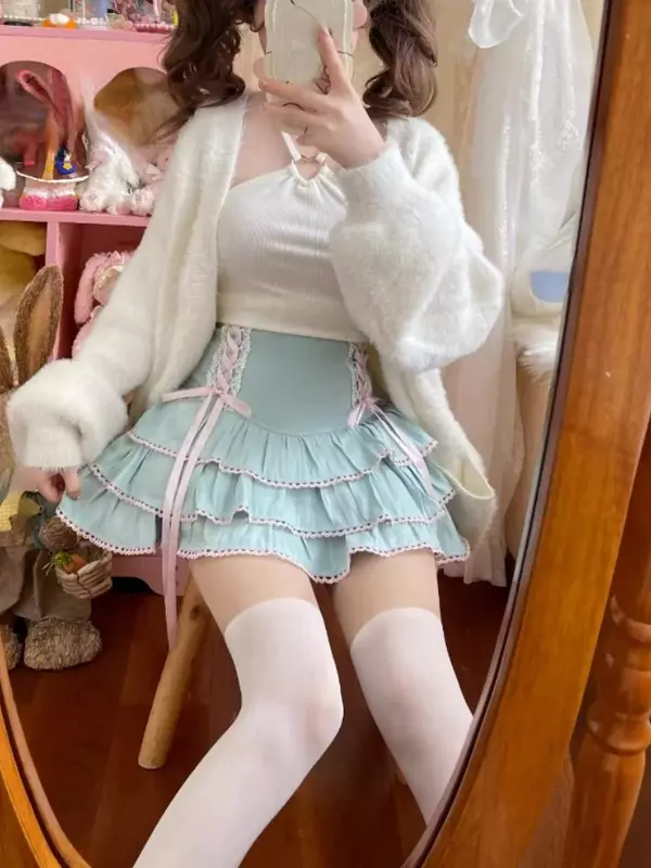 2024 Japanse Kawaii Lolita Stijl Geplooide Rokken Vrouwen Hoge Taille Roze Bandage Fee Y Y 2K Esthetische Rok Schattig