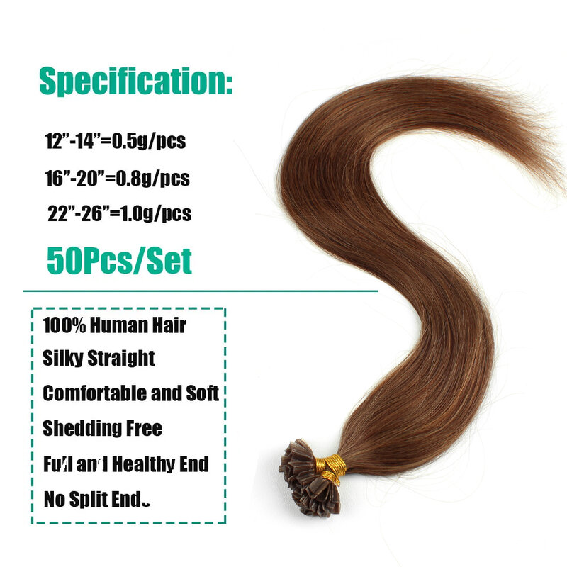 Lovevol-extensiones de cabello humano Remy de 12 "-26", pelo de fusión, cápsulas de queratina preadheridas, color marrón
