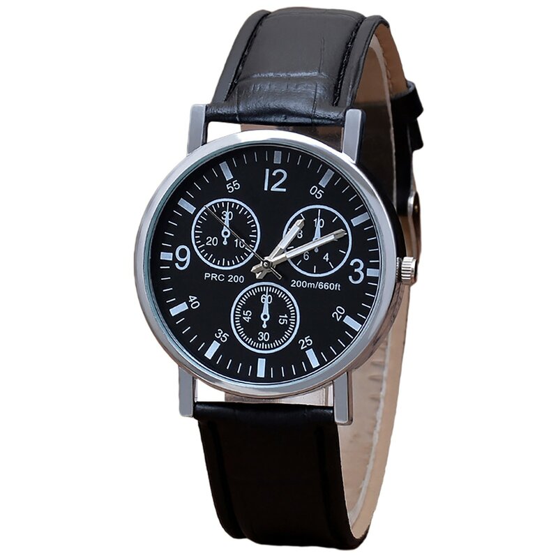 Jam tangan Digital untuk pria, jam tangan kuarsa tali kulit tiga mata, jam tangan pria kaca biru, jam tangan pria