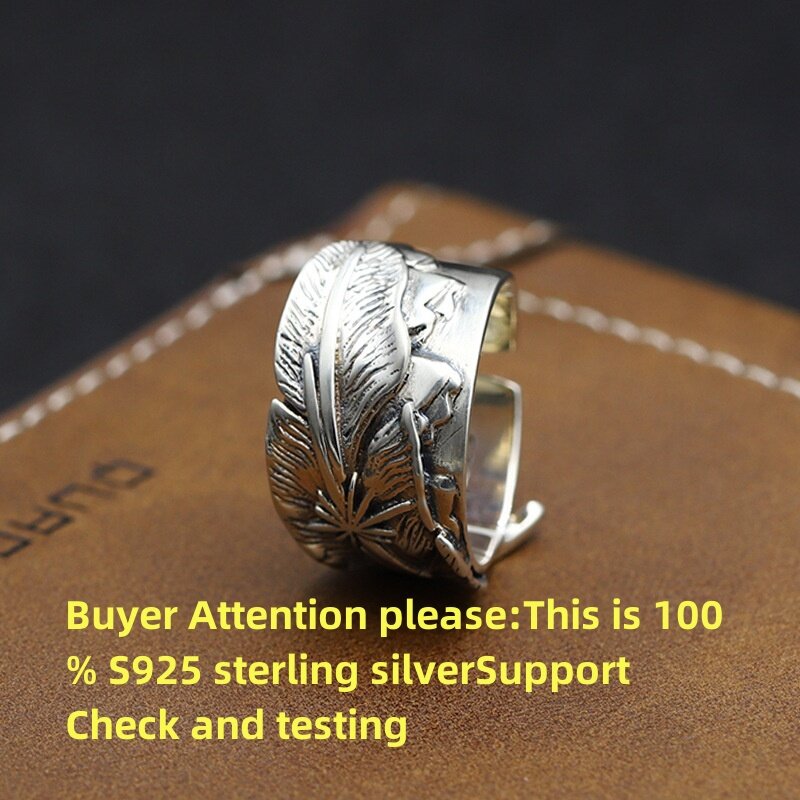 Vintage S925 Silver Feather Ring for men and women Hip Hop trend Wide Edition personality open Ring jewelry gift