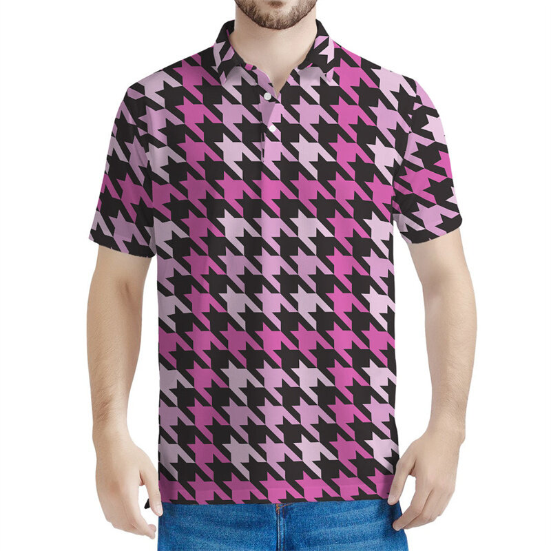 เสื้อโปโลแฟชั่นพิมพ์ลาย3D Houndstooth สำหรับเสื้อผ้าผู้ชายเสื้อยืดติดกระดุมเสื้อแขนสั้นแนวสตรีทเสื้อโอเวอร์ไซส์