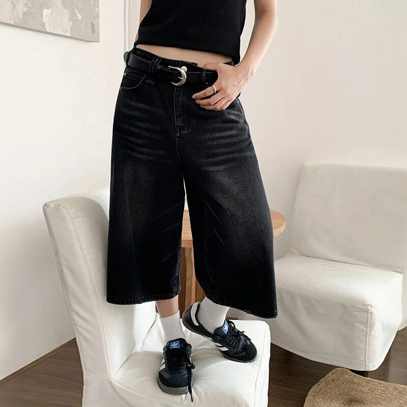 Vrouwen Zwarte Y 2K Stijl Baggy Denim Shorts Wijde Pijpen Korte Broek Mode Hoge Taille Dark Wash Knielengte Jeans Dames Casual