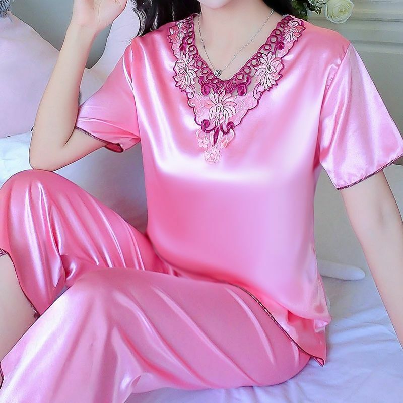 Large Size Pajamas Female Summertime Thin Sweet Lace Lace Ice Silk Solid Color Two-piece Suit Loungewear Loungewear Women