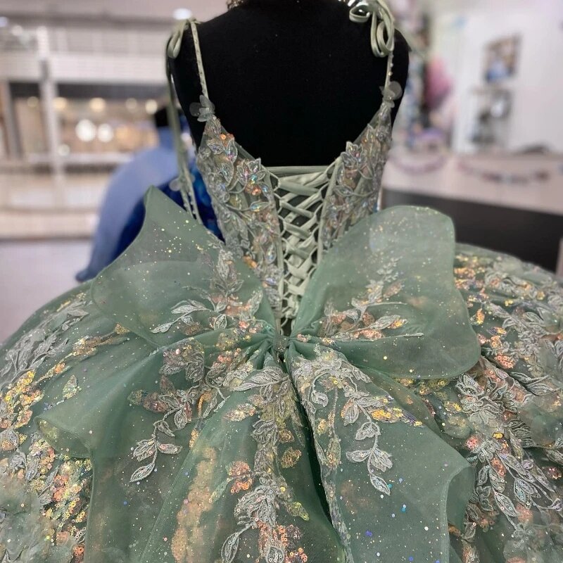 Mexikanische vestido de 15 anos salbei grün glänzend charro quince anera kleider spitzen applikationen korsett süß 16 kleid abiti da cerimonia