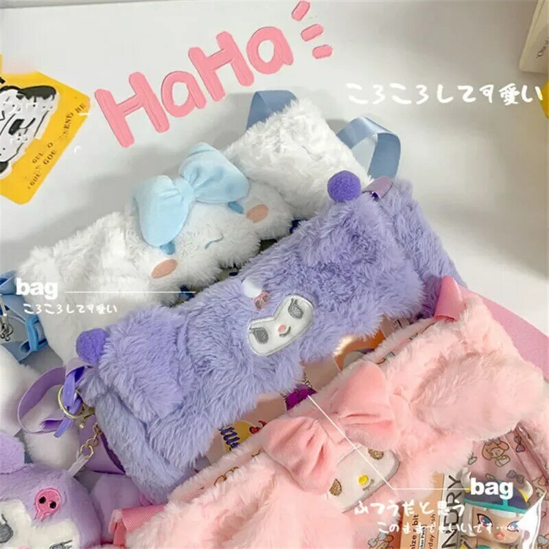 Kawaii Sanrio Plush Bags Cinnamoroll Melody Kuromi Crossbody Bag Cartoon Transparent Plushie Handbag Hello Kitty Stuffed Backpac