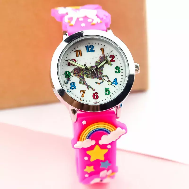 Reloj de pulsera de cuarzo para niños, niñas, niños, estudiantes, arcoíris, unicornio, dinosaurio, colorido, silicona, estrellas encantadoras, regalo de fiesta
