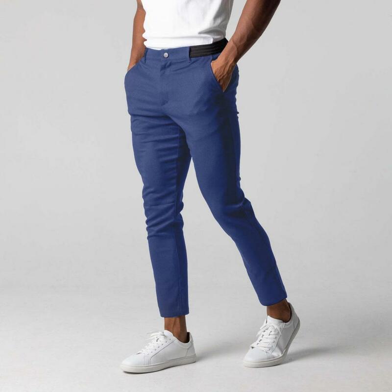 Men Trousers Solid Color Pants Elegant Men's Slim Fit Business Pants with Elastic Waist Button Closure Pockets Soft for Work