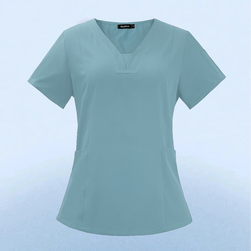 All'ingrosso moda Scrub Top medico ospedaliero infermiere lavoro uniforme tinta unita Unisex abito chirurgico scollo a v Scrub Top per le donne