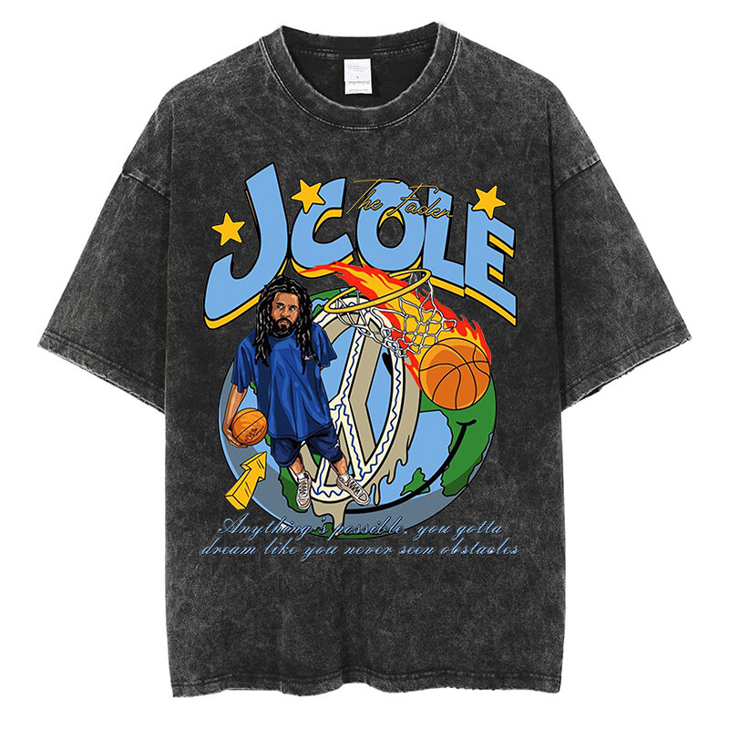 Rapper J Cole Grafisch T-Shirt Cartoon Brandende Aarde Print Tshirt Hiphop Heren Dames Streetwear Katoen Oversized T-Shirts Met Korte Mouwen