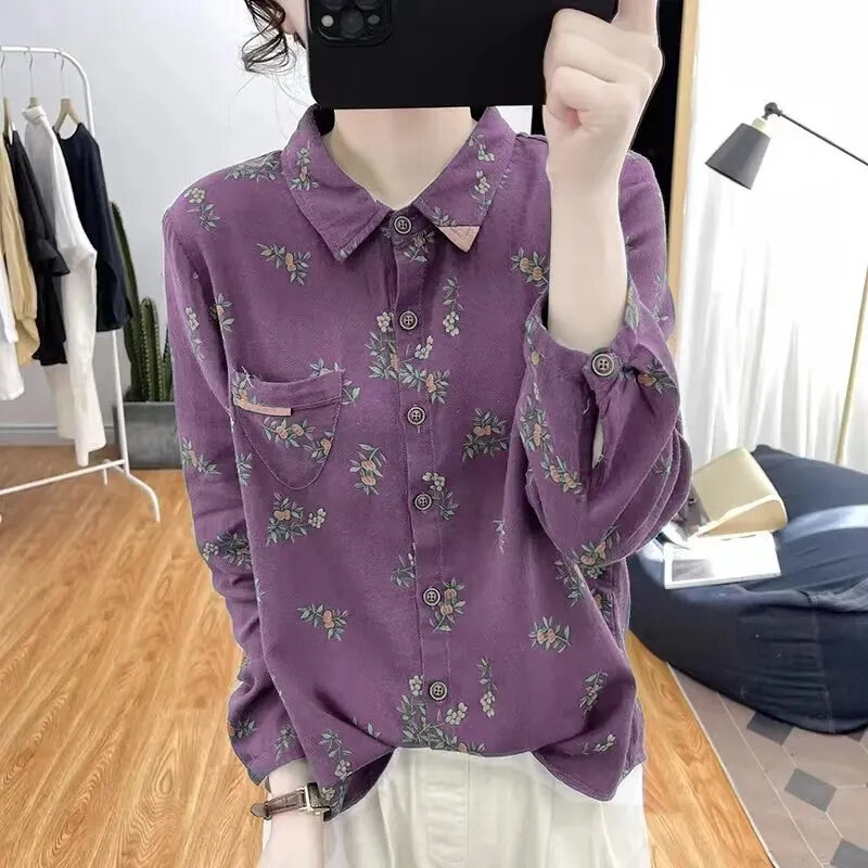 Bawełniane i lniane koszula z nadrukiem damskie 2024 jesień nowa moda koreańska luźna luźna dopasowana cienka długa koszula bluzka damska