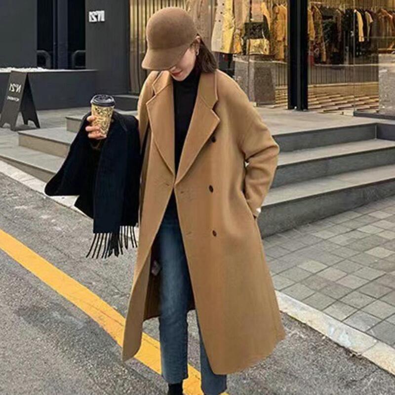 Woolen Coat Buttons Closure Turn-Down Collar Side Pockets Double-breasted Windproof Women Overcoat Everyday Collocation 코트