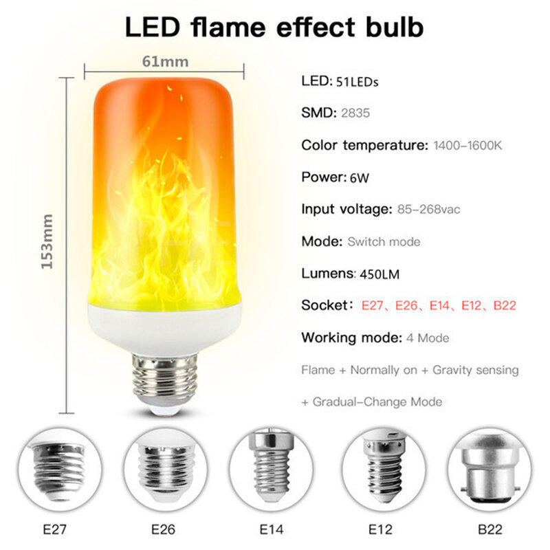 Led Simulated Flame Bulb 6W 9W 15W E14 E27 B22 85-265V Luces Home Electronic Accessories Flame Lamp Flame Effect Bulbs Lampada