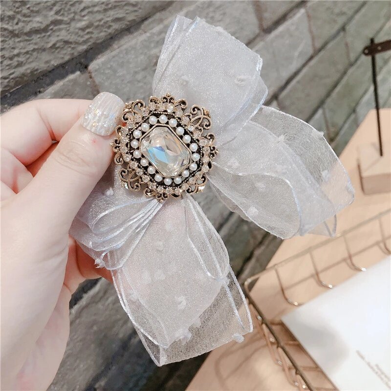 Korean Yarn Bow Spring Clip Crystal Headband Hair Pins Head Jewelry Fashion Bridal Headpiece Hair Accessories for Women Wedding