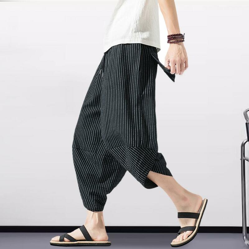 Celana Harem bergaris pria, bawahan crop musim panas dengan tali serut pinggang elastis vertikal untuk Streetwear