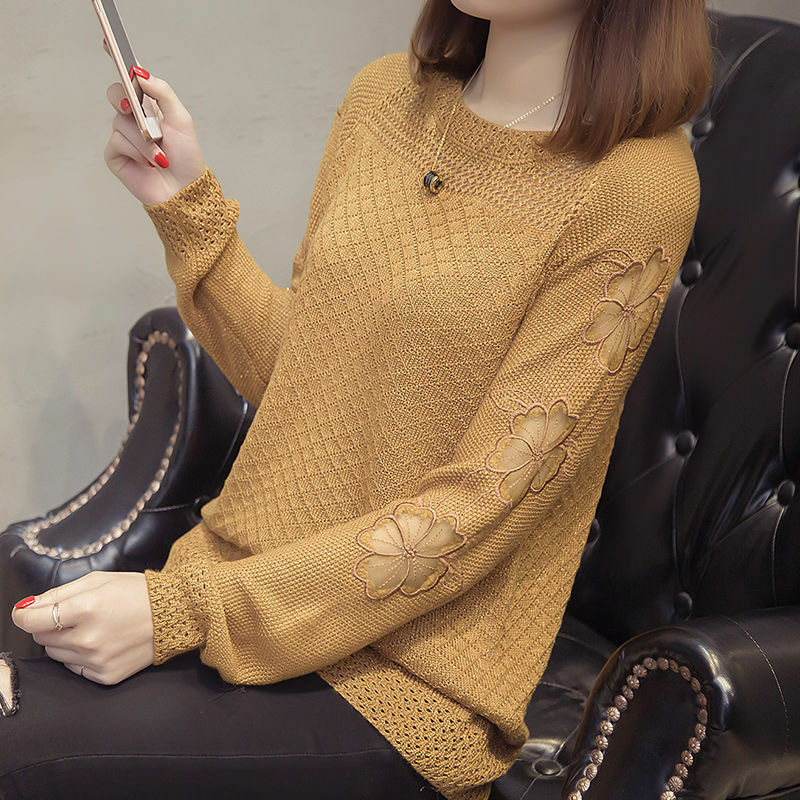 Women Korean Fashion Sexy Hollow Lace Solid Loose Basic Knitwear Spring Autumn Casual Long Sleeve Sweater Female Clothing Jumper