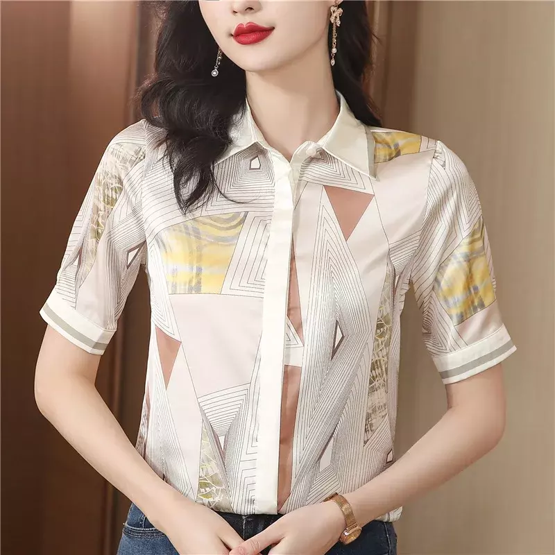 Prints Vintage Blouses Summer Loose Fit ShortSleeves Floral Women Tops Polo-neck Fashion Clothing Chiffon Women's Shirts