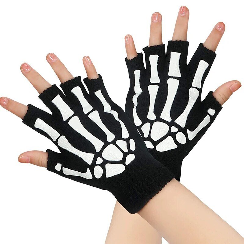 Sarung tangan gaya Halloween, sarung tangan setengah kerangka tengkorak horor bercahaya, sarung tangan penghangat Musim Dingin uniseks baru