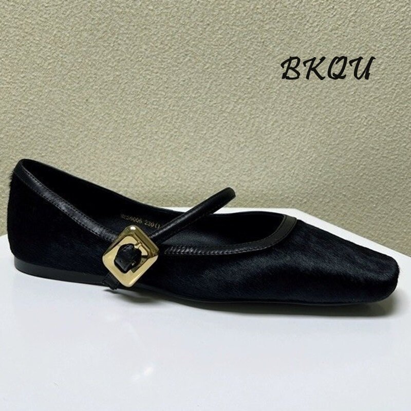 BKQU 2024 Women's Spring New Line Buckle Leopard Print Suede Square Ballet Flats Mary Jane Mule Shoes Casual