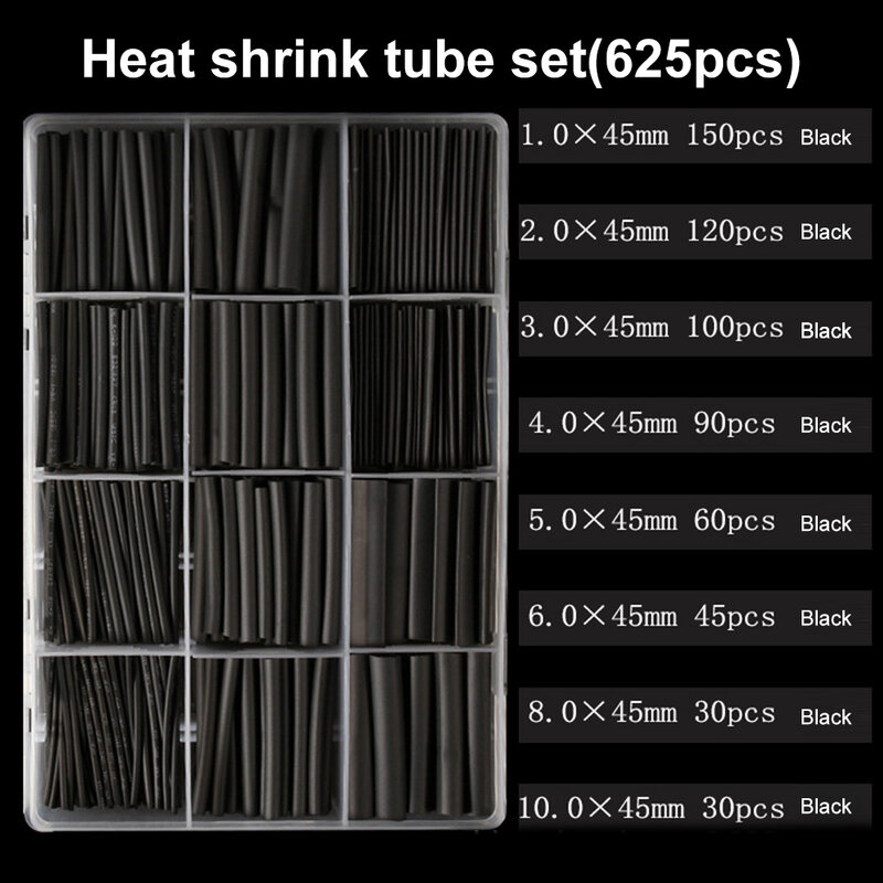 625 buah/lot 2:1 pembungkus susut tabung Thermoresistant hitam panas menyusut Sleeving set kawat kabel pembungkus poliolefin
