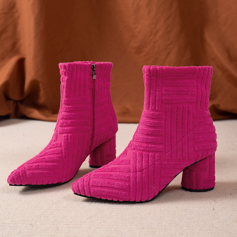 Зимние сапоги для внешней торговли, женская обувь с острым носком на высоком каблуке, модные сапоги-полотенца, ботинки на молнии на массивном каблуке