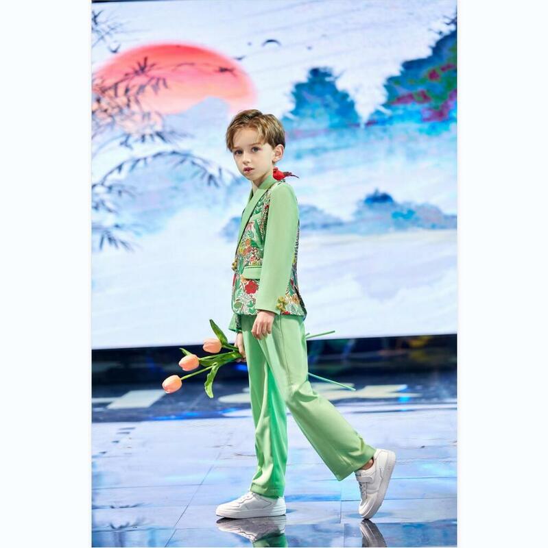 Modern Floral Wedding Suit For Boys Teenager Kid Tuxedos Dress Children Party 2 Pcs Jacket Pants in Stock