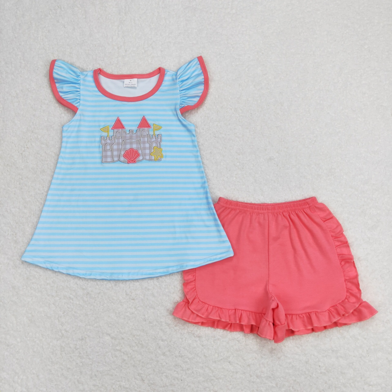 Детский летний комплект с вышивкой, рубашка с короткими рукавами и песочным замком, детские шорты, пляжный хлопковый комплект для маленьких мальчиков и девочек
