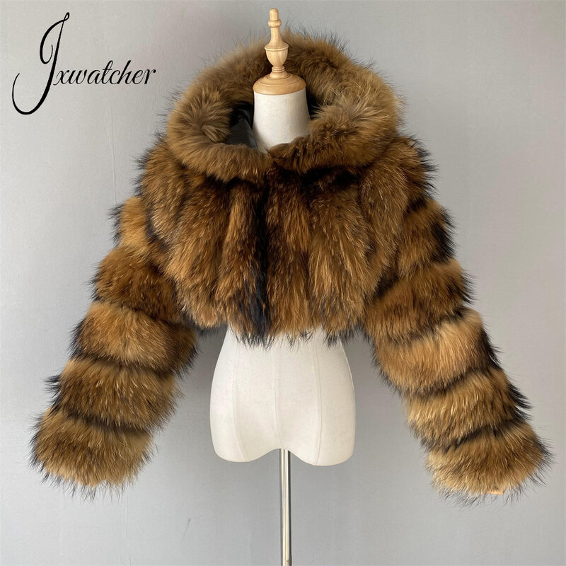 Jxwatcher-진품 너구리 모피 숏 코트 및 재킷 여성용, 자연 모피 후드 긴팔, 따뜻한 겉옷, 가을 겨울 패션