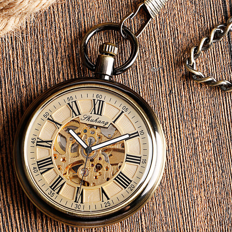 Vintage Bronze Capless Mechanical Pocket Watch Black Roman Numeral Dial Pendant Clock Automatic Winding Pocket Watch Thick Chain