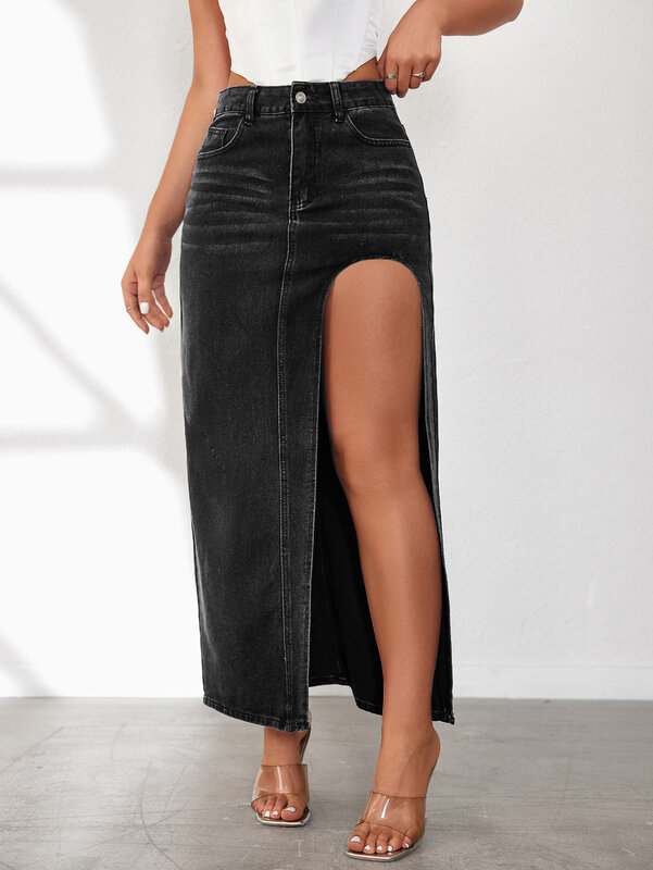 Женская облегающая длинная джинсовая юбка с заниженной талией, сексуальная винтажная повседневная юбка Y2k, уличная одежда
