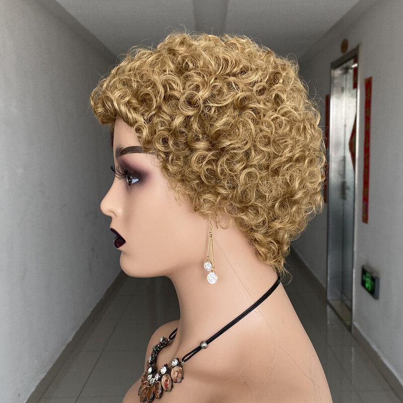 Peluca de cabello humano rizado corto para mujeres negras, corte Pixie, cabello brasileño Remy, Peluca de Hiar humano de color, rizo Afro, barato