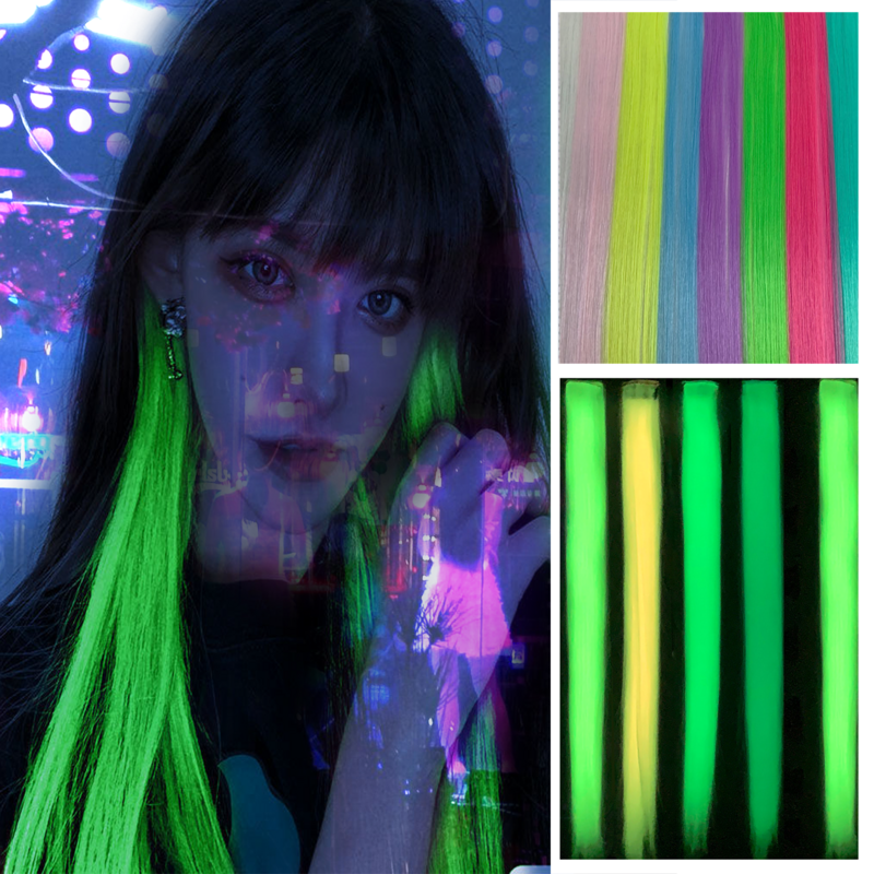 5pc 20Inch Glow in the Dark Hair Extensions Clip Luminous Colored Hairpieces Party Rainbow Hair Clips Synthetic Straight Wig