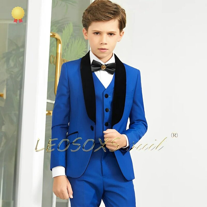 Boy's Customized 3-Piece Terno Set, jaqueta, colete, calças, xale, colarinho, casamento, aniversário, crianças