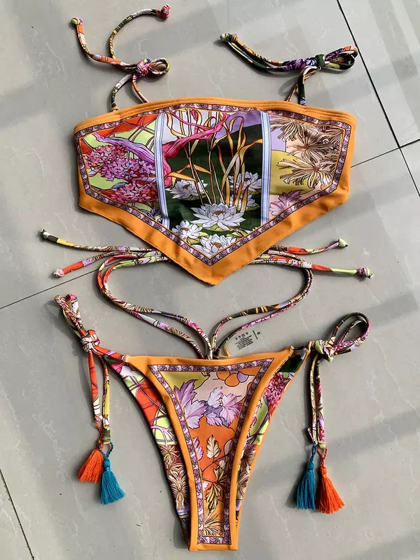 Bikini con Top corto estampado para mujer, traje de baño brasileño de dos piezas, conjunto de Bikini de corte alto, 2024