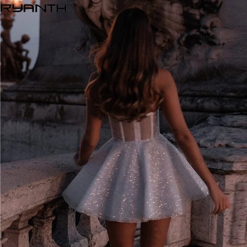 Женское свадебное платье без рукавов Ryanth, блестящее короткое фатиновое платье невесты, бальное платье для выпускного вечера, 2019