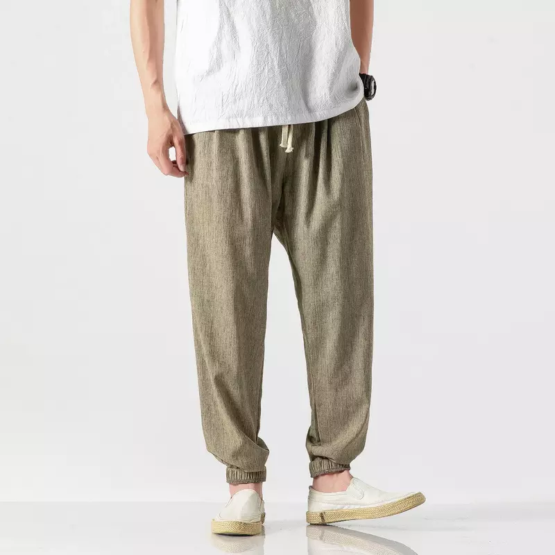 Pantalones holgados informales Harlan de lino de estilo chino, pantalones de algodón de seda de hielo, talla grande