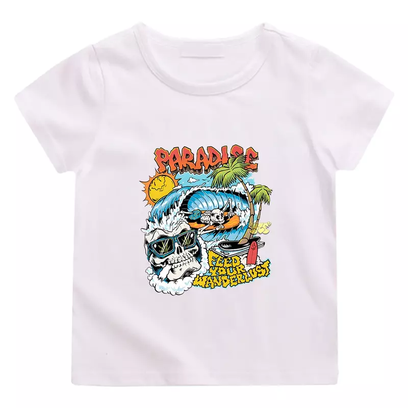 Rajska letnia koszulka szkieletowa 100% bawełniana z krótkim rękawem koszulka na co dzień Kawaii graficzny nadruk koszulka dla chłopców i dziewcząt