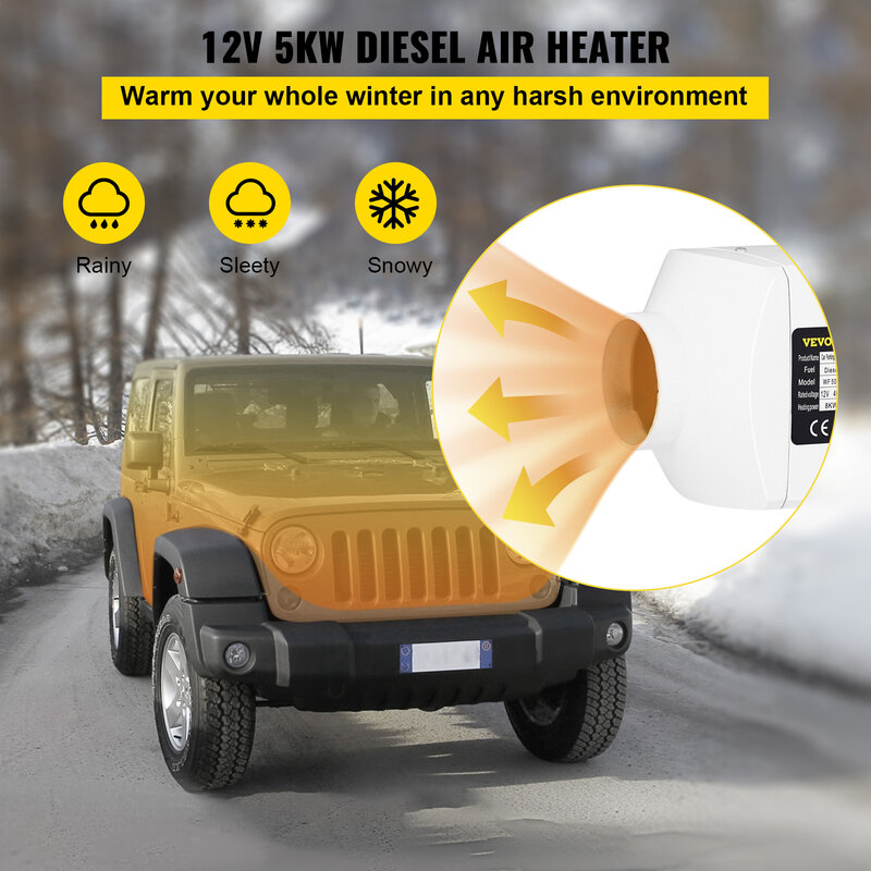 VEVOR Chauffage Diesel 12v 5kw Consommation: 0.2-0.5 (L/h), Thermostat Rotatif & Silencieux & Accessoires Complets, pour Camions RV Bateaux Chambres