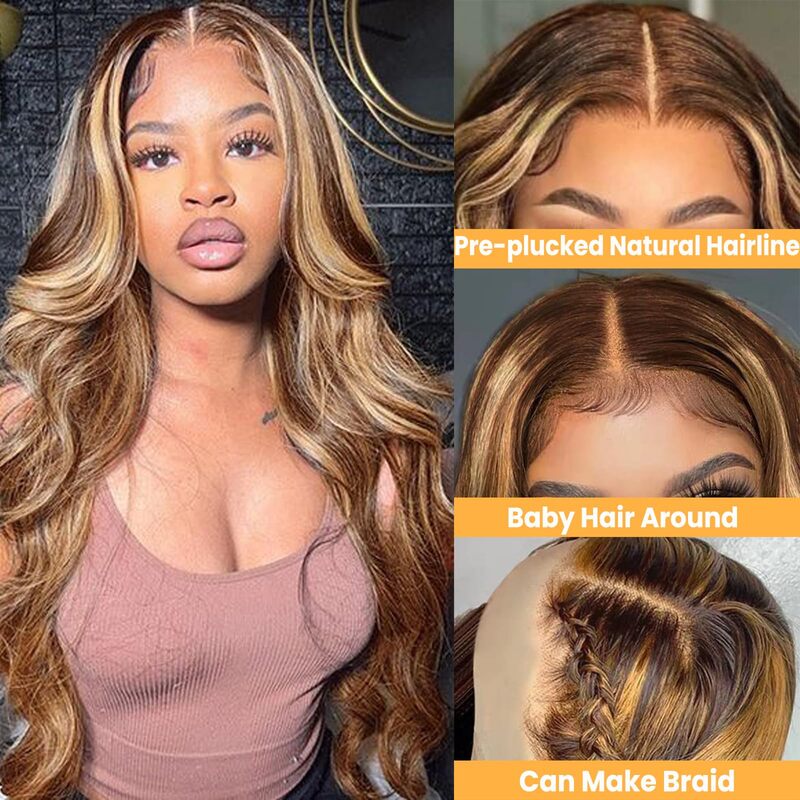 13x4 Hd Transparent Loose Wave 30-Inch Colored Highlight Human Hair Wigs Brazilian Glueless Body Wave Lace Front Wigs For Women