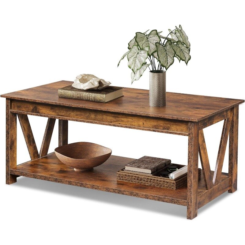 Tavolino da fattoria, tavolo da soggiorno con contenitore, tavolo centrale in legno da 43 pollici con struttura a forma di V per Home Office, appartamento