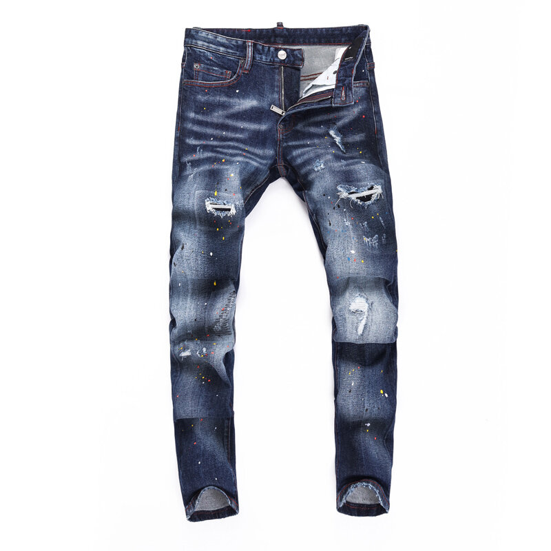 Джинсы мужские Стрейчевые в стиле ретро, Модные Синие рваные джинсы Slim Fit, Брендовые брюки с росписью в стиле хип-хоп