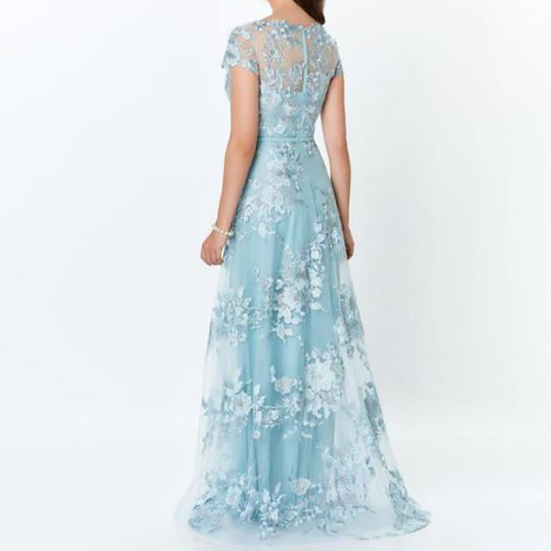 A-Line Tulle Sweetheart Short Sleeves Embroidered Floral Appliques Pleated Full Length Evening Gown Robe de Soirée