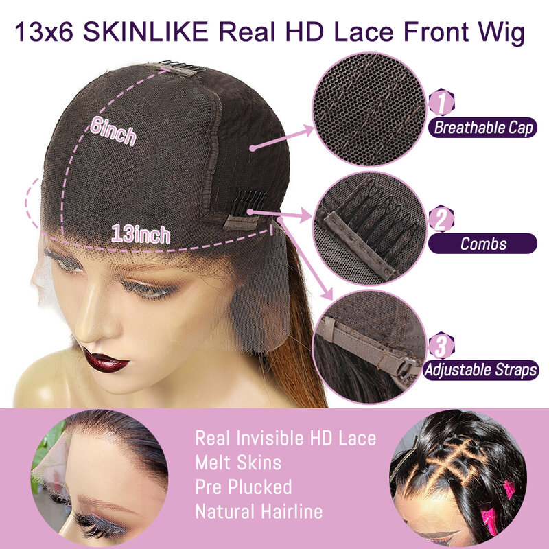 Wow Angel-Borgonha HD Lace Front Wig para Mulheres, Perucas de Cabelo Humano, Seda Brasileira, Perucas Retas, Derreter Skins, Vermelho, 99J, 13x6