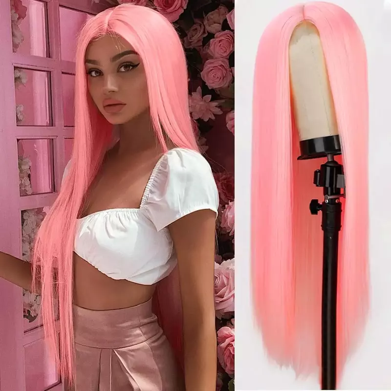 Pink Long Straight Wig Light Pink Middle Part Synthetic Hair Wig Natural Hairline Replacement Daily Use Cosplay