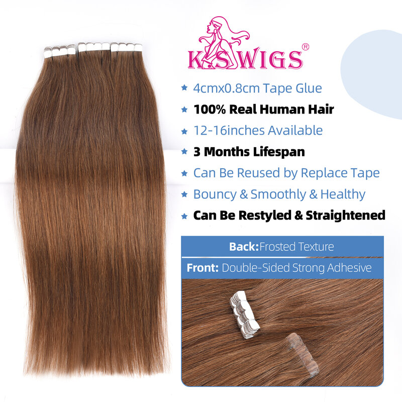 K.S лента для париков человеческие волосы для наращивания, прямые Бесшовные, кожа, уток, черный, коричневый, натуральные, не Реми, человеческие волосы, невидимая лента