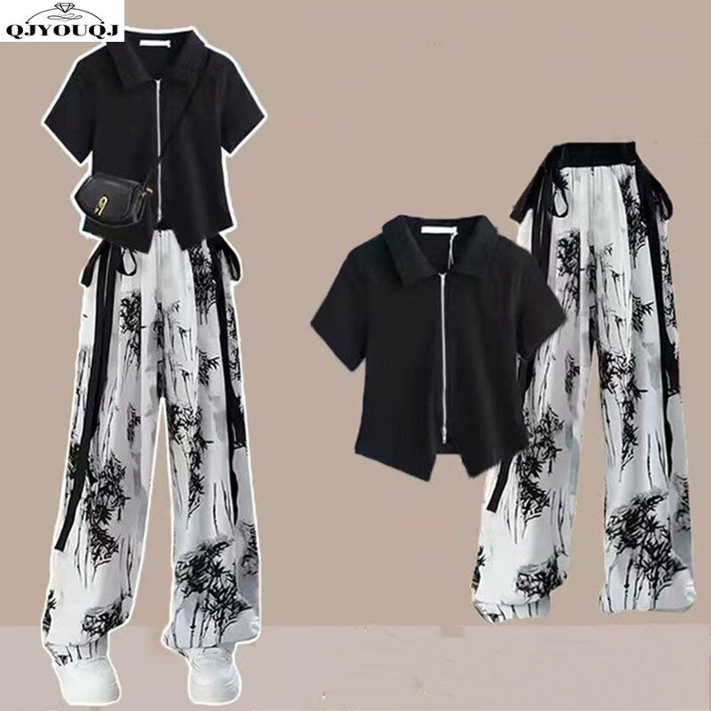 2024 Summer Sweet Cool Set Women's Korean Design Zipper Short Sleeve T-shirt+High Waist Wide Leg Pants Two Piece Set
