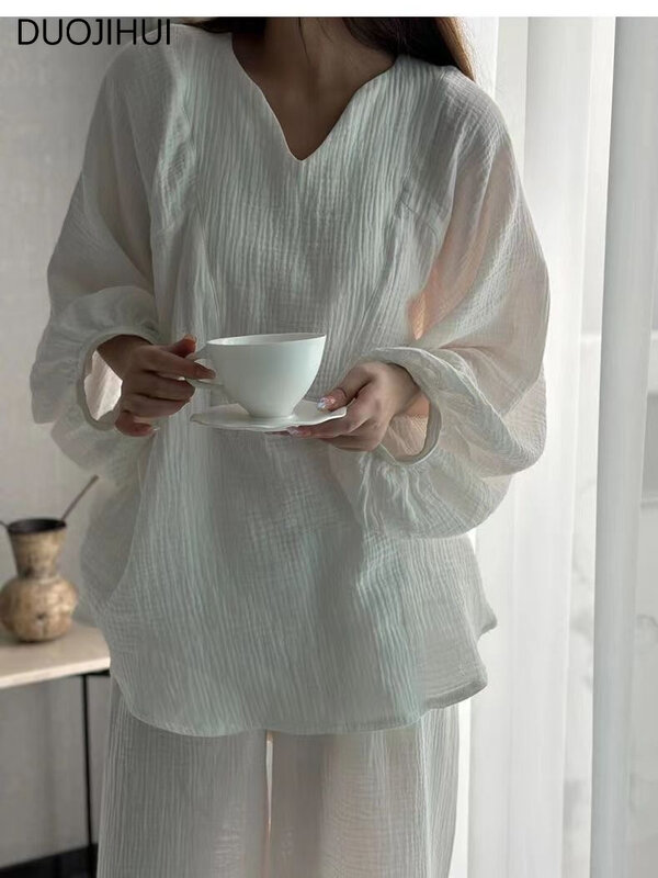DUOJIHUI-Conjunto de pijama casual monocromático coreano feminino, pulôver básico de manga comprida, calcinha simples, para casa, moda feminina, novo