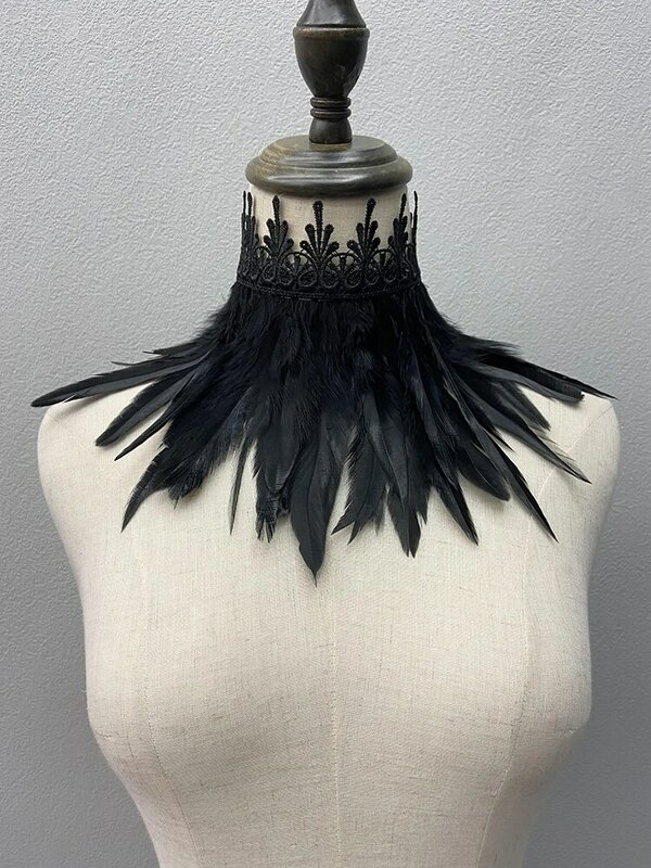 Cuello de gargantilla de plumas negras para mujer, cubierta de cuello de encaje Sexy, capa Punk, chal de fiesta de Cosplay, pluma Natural con cuello falso de encaje
