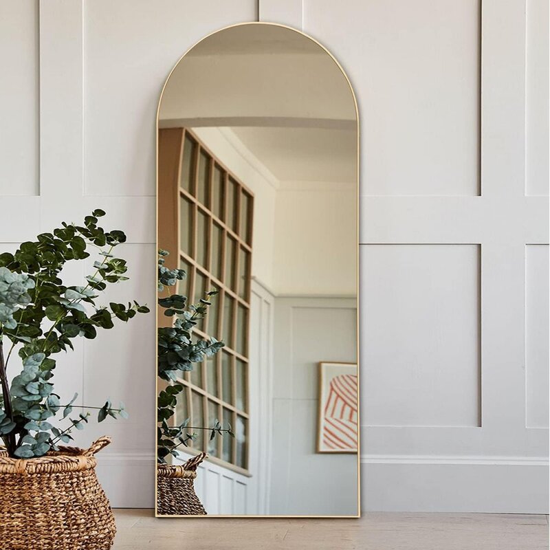 Espejo arqueado de longitud completa, piso arqueado grande con soporte, espejos de pared de longitud, marco de madera colgante o inclinado contra la pared