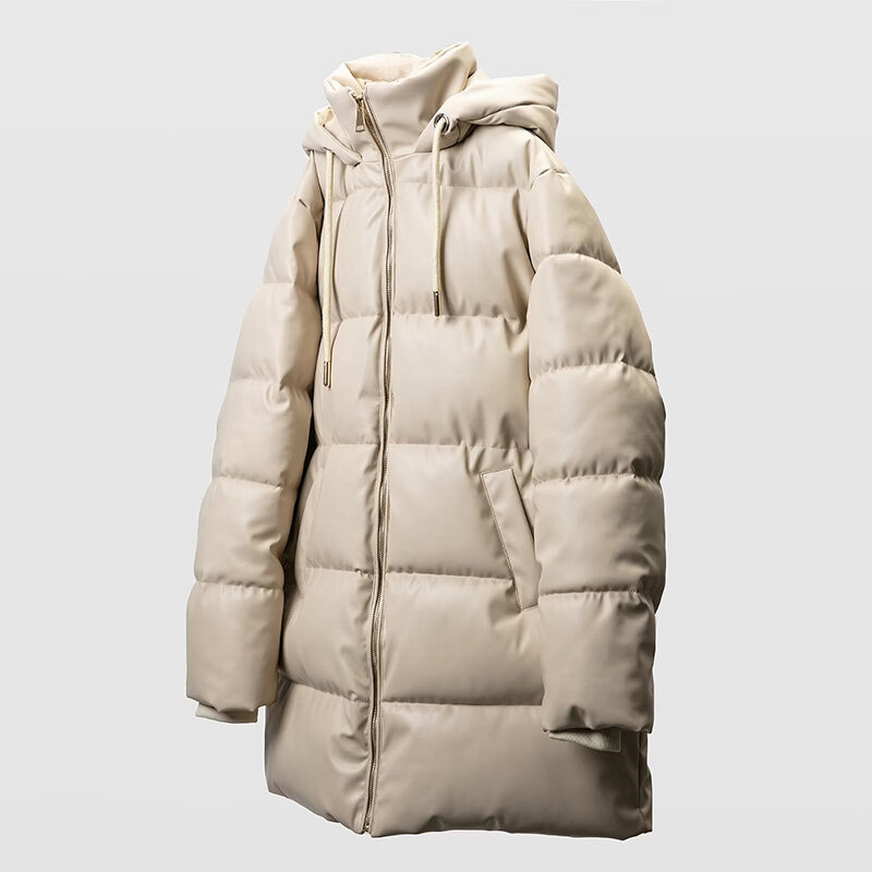 여성용 빈티지 인조 가죽 루즈 롱 후드 코튼 재킷, 따뜻한 두꺼운 PU 파카, 여성 아우터 코트, 겨울 패션, 신상