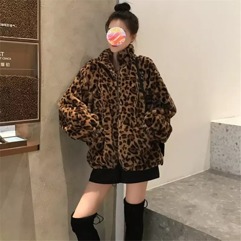Jaqueta de zíper com gola leopardo vintage feminina, casacos felpudos largos femininos, streetwear casual feminino, outwear de inverno, 2021